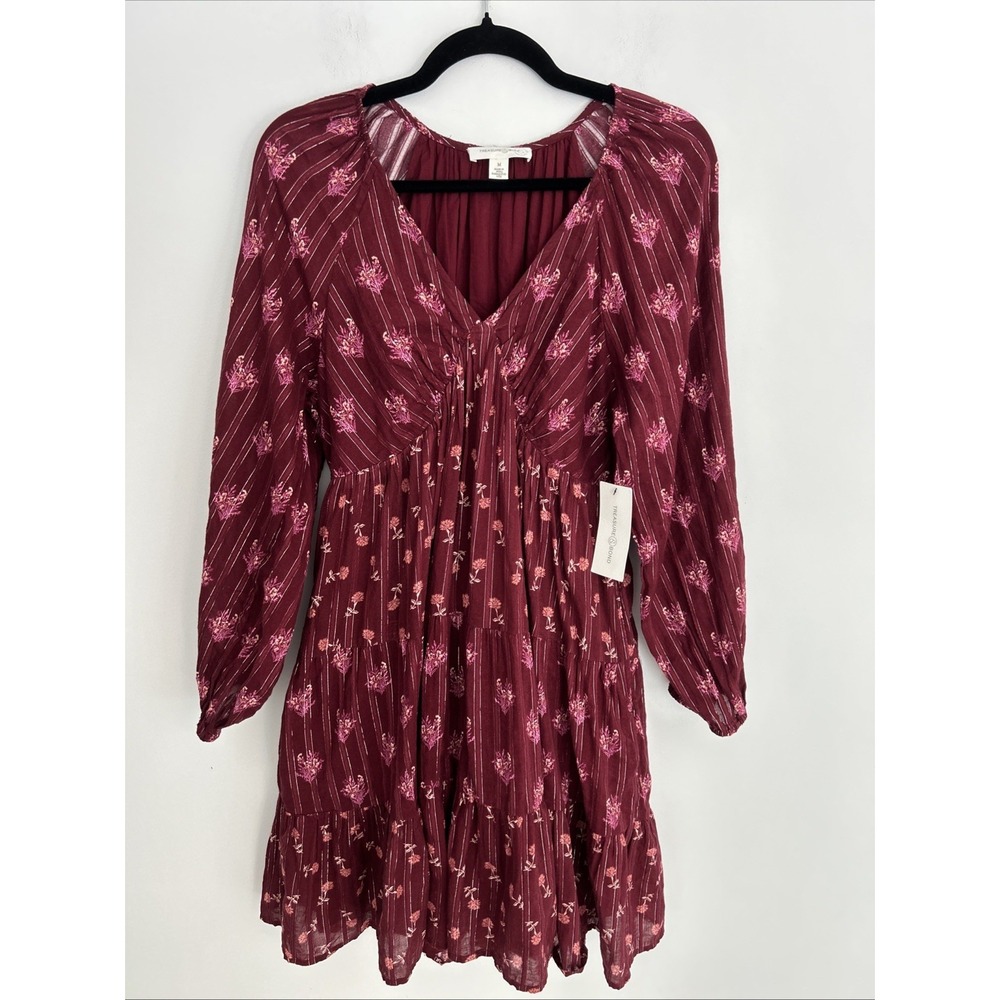Treasure & Bond Women's M Burgundy Floral NWT Metallic Striped Tiered Mini Dress